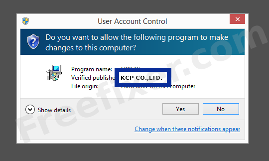 Screenshot where KCP CO.,LTD. appears as the verified publisher in the UAC dialog